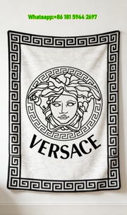 Versace White Black Medusa Greek Key Border Printed Flannel Throw Blanket IMG_1271